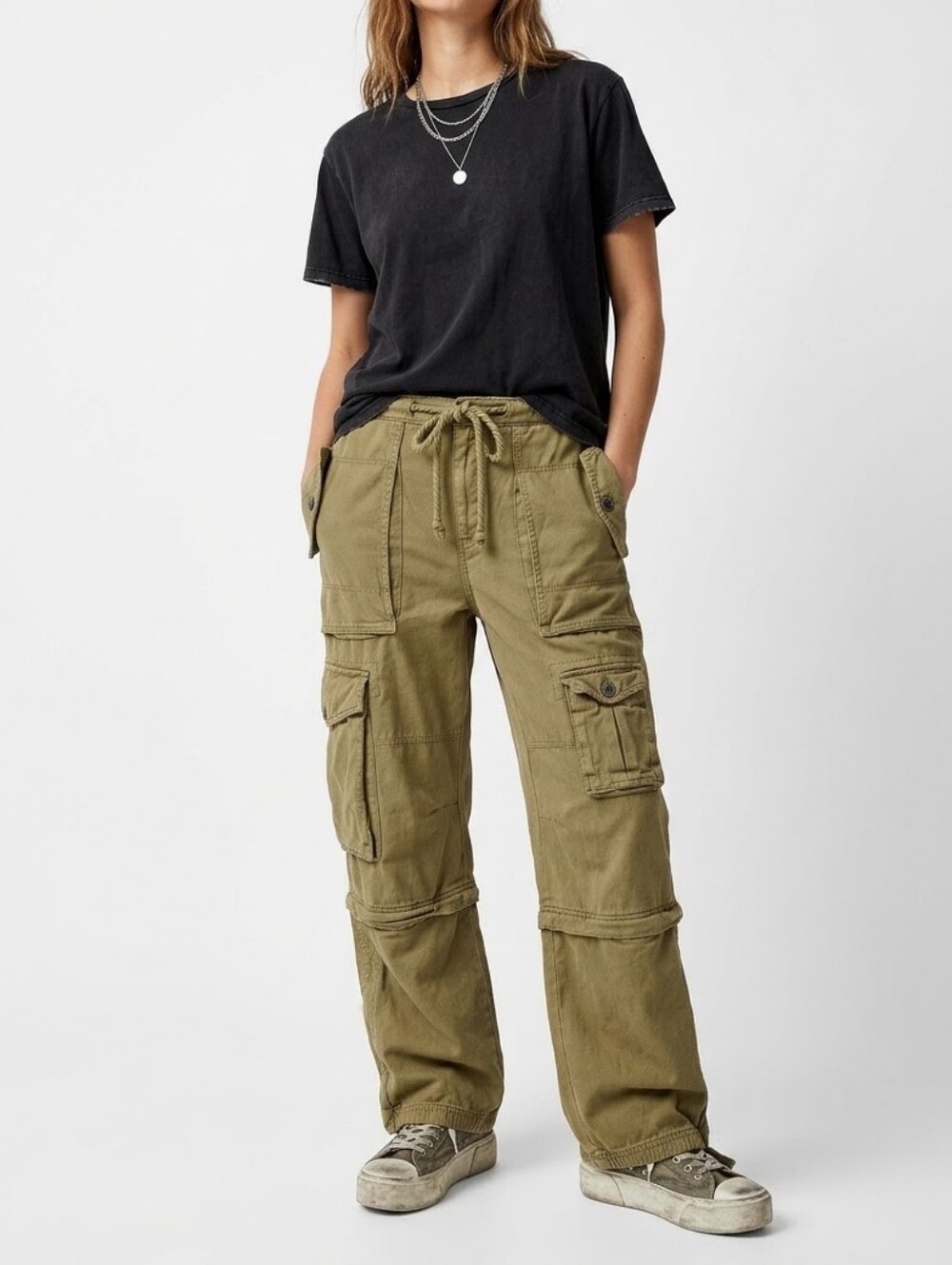 ZARA Convertible Zip-Off Cargo Pants Olive Green Size 10 Multi-Pocket Jogger